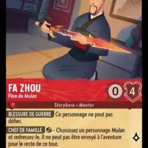 FA ZHOU Père de Mulan 105/204 - Carte du jeu de cartes à collectionner Disney Lorcana issue du Chapitre 4 Le Retour D'Ursula (URR), paru le 31/05/2024. Carte Personnage, Rubis. Commune. Illustrateur: Carmine Pucci. L'illustration représente un homme asiatique en kimono bleu-gris agenouillé et tenant une épée de feu dans les mains, dans un dojo.