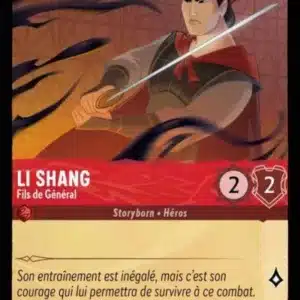 LI SHANG Fils de Général 111/204 - Carte du jeu de cartes à collectionner Disney Lorcana issue du Chapitre 4 Le Retour D'Ursula (URR), paru le 31/05/2024. Carte Personnage, Rubis. Commune. Illustrateur: Brian Kesinger. L'illustration représente un jeune guerrier asiatique du Moyen-Âge en plein combat face à une entité malveillante. Il est armé d'une épée.