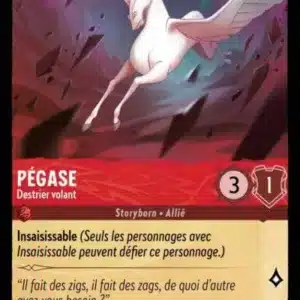 PEGASE Destrier volant 120/204 - Carte du jeu de cartes à collectionner Disney Lorcana issue du Chapitre 4 Le Retour D'Ursula (URR), paru le 31/05/2024. Carte Personnage, Rubis. Commune. Illustrateur: Kenneth Anderson. L'illustration représente un cheval blanc ailé avec une crinière bleue.