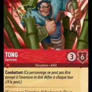 TONG Survivant 126/204 - Carte du jeu de cartes à collectionner Disney Lorcana issue du Chapitre 4 Le Retour D'Ursula (URR), paru le 31/05/2024. Carte Personnage, Rubis. Commune. Illustrateur: Mike Parker. L'illustration représente un puissant guerrier asiatique du Moyen-Âge dans une forêt de bambous. Il a un cache-oeil et une grosse hache.