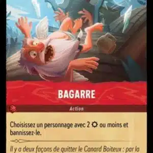 BAGARRE 130/204 - Carte du jeu de carte à collectionner Disney Lorcana issue du Chapitre 4 Le Retour D'Ursula (URR), paru le 31/05/2024. Carte Action, Rubis. Commune. Illustrateur: R. la Barbera / L. Giammichele. L'illustration représente un homme âgé avec une grande barbe blanche et de petites ailes en pleine chute.