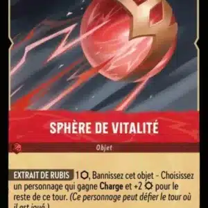 SPHERE DE VITALITE 134/204 - Carte du jeu de cartes à collectionner Disney Lorcana issue du Chapitre 4 Le Retour D'Ursula (URR), paru le 31/05/2024. Carte Objet, Rubis. Commune. Illustrateur: Sandara Tang. L'illustration représente une boule rouge et or en déplacement vertical avec des traînées d'énergie rouge.