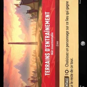 TERRAINS D'ENTRAÎNEMENT Mât insurmontable 136/204 (FOIL) - Carte du jeu de cartes à collectionner Disney Lorcana issue du Chapitre 4 Le Retour D'Ursula (URR), paru le 31/05/2024. Carte Lieu, Rubis. Commune, HOLO. Illustrateur: Matthew Oates. L'illustration représente un camp de tentes militaire avec un grant mât en son centre et des montagnes en arrière-plan.