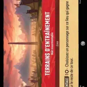 TERRAINS D'ENTRAÎNEMENT Mât insurmontable 136/204 - Carte du jeu de cartes à collectionner Disney Lorcana issue du Chapitre 4 Le Retour D'Ursula (URR), paru le 31/05/2024. Carte Lieu, Rubis. Commune. Illustrateur: Matthew Oates. L'illustration représente un camp de tentes militaire avec un grant mât en son centre et des montagnes en arrière-plan.