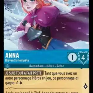 ANNA Bravant la tempête 137/204 - Carte du jeu de cartes à collectionner Disney Lorcana issue du Chapitre 4 Le Retour D'Ursula (URR), paru le 31/05/2024. Carte Personnage, Saphir. Commune. Illustrateur: Maria Dresden. L'illustration représente une jeune femme rousse de type caucasien bravant une tempête de neige, habillée d'une cape violette.