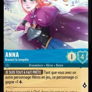 ANNA Bravant la tempête 137/204 (FOIL) - Carte du jeu de cartes à collectionner Disney Lorcana issue du Chapitre 4 Le Retour D'Ursula (URR), paru le 31/05/2024. Carte Personnage, Saphir. Commune, HOLO. Illustrateur: Maria Dresden. L'illustration représente une jeune femme rousse de type caucasien bravant une tempête de neige, habillée d'une cape violette.