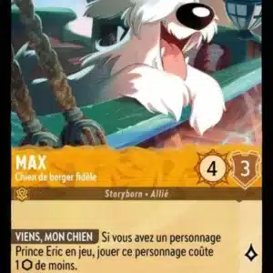 MAX Chien de berger fidèle 14/204 - Carte du jeu de cartes à collectionner Disney Lorcana issue du Chapitre 4 Le Retour D'Ursula (URR), paru le 31/05/2024. Carte Personnage, Ambre. Commune. Illustrateur: Stefano Zanchi. L'illustration représente un gros chien blanc avec les pattes avant posées sur le bastingage d'un voilier.