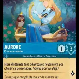 AURORE Princesse Sereine 141/204 - Carte du jeu de cartes à collectionner Disney Lorcana issue du Chapitre 4 Le Retour D'Ursula (URR), paru le 31/05/2024. Carte Personnage, Saphir. Commune. Illustrateur: Koni. L'illustration représente une jeune femme de type caucasien aux longs cheveux blonds, assiste sur un banc et en train de jouer de la harpe avec un hibou perché sur l'accoudoir et des papillons qui volètent autour de sa tête.