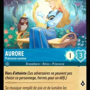AURORE Princesse Sereine 141/204 (FOIL) - Carte du jeu de cartes à collectionner Disney Lorcana issue du Chapitre 4 Le Retour D'Ursula (URR), paru le 31/05/2024. Carte Personnage, Saphir. Commune, HOLO. Illustrateur: Koni. L'illustration représente une jeune femme de type caucasien aux longs cheveux blonds, assiste sur un banc et en train de jouer de la harpe avec un hibou perché sur l'accoudoir et des papillons qui volètent autour de sa tête.