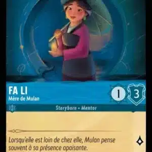 FA LI Mère de Mulan 143/204 - Carte du jeu de cartes à collectionner Disney Lorcana issue du Chapitre 4 Le Retour D'Ursula (URR), paru le 31/05/2024. Carte Personnage, Saphir. Commune. Illustrateur: Sarah Schmidt. L'illustration représente une femme asiatique qui porte une ombrelle.
