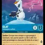 OLAF Compagnon confiant 150/204 - Carte du jeu de cartes à collectionner Disney Lorcana issue du Chapitre 4 Le Retour D'Ursula (URR), paru le 31/05/2024. Carte Personnage, Saphir. Commune. Illustrateur: Brian Kesinger. L'illustration représente un bonhomme de neige au semmet d'une montagne enneigée, qui tient un bonnet entre les mains.
