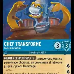 CHEF TRANSFORME Poêle de château 157/204 - Carte du jeu de cartes à collectionner Disney Lorcana issue du Chapitre 4 Le Retour D'Ursula (URR), paru le 31/05/2024. Carte Personnage, Saphir. Commune. Illustrateur: James C Mulligan. L'illustration représente un personnage de chef de cuisine en forme de poêle animée en train de servir une lochée de soupe issue d'une casserole en cuivre.