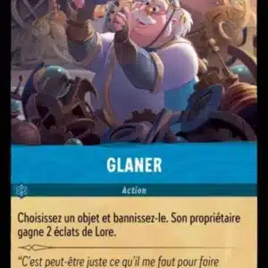 GLANER 163/204 - Carte du jeu de cartes à collectionner Disney Lorcana issue du Chapitre 4 Le Retour D'Ursula (URR), paru le 31/05/2024. Carte Action, Saphir. Commune. Illustrateur: Veronica Di Lorenzo / Livio Cacciatore. L'illustration représente un vieil homme moustachu aux cheveux blancs en train d'examiner des objets issus d'une pile de bric à brac.