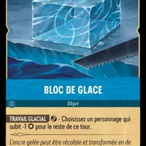 BLOC DE GLACE 168/204 (FOIL) - Carte du jeu de cartes à collectionner Disney Lorcana issue du Chapitre 4 Le Retour D'Ursula (URR), paru le 31/05/2024. Carte Objet, Saphir. Commune, HOLO. Illustrateur: Gregor Krysinski. L'illustration représente un cube de glace bleuté avec une scie posée à sa gauche.