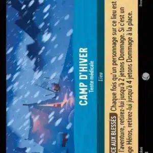 CAMP D'HIVER Tente médicale 170/204 - Carte du jeu de cartes à collectionner Disney Lorcana issue du Chapitre 4 Le Retour D'Ursula (URR), paru le 31/05/2024. Carte Lieu, Saphir. Commune. Illustrateur: Elodie Mondoloni. L'illustration représente une tente plantée au sommet d'une montagne sous la neige qui tombe abondamment.