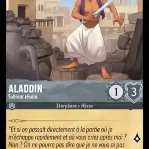 ALADDIN Sabreur résolu 172/204 - Carte du jeu de cartes à collectionner Disney Lorcana issue du Chapitre 4 Le Retour D'Ursula (URR), paru le 31/05/2024. Carte Personnage, Acier. Commune. Illustrateur: Randy Bishop. L'illustration représente le personnage Aladdin, jeune homme moyen-oriental armé d'un sabre avec une ville moyen-orientale en arri-re-plan.