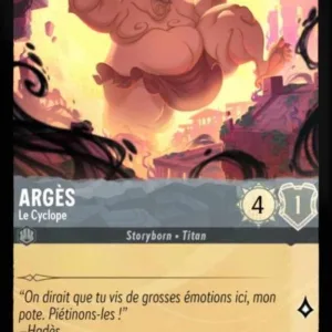 ARGES Le Cyclope 173/204 (FOIL) - Carte du jeu de cartes à collectionner Disney Lorcana issue du Chapitre 4 Le Retour D'Ursula (URR), paru le 31/05/2024. Carte Personnage, Acier. Commune, HOLO. Illustrateur: Alice Pisoni. L'illustration représente un cyclope obèse de type caucasien en train de détruire une ville de la Grèce antique.