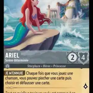 ARIEL Sirène déterminée 174/204 - Carte du jeu de cartes à collectionner Disney Lorcana issue du Chapitre 4 Le Retour D'Ursula (URR), paru le 31/05/2024. Carte Personnage, Acier. Commune, HOLO. Illustrateur: Dylan Bonner. L'illustration représente Ariel, jeune sirène rousse de type féminin et à la peau caucasienne. Elle est allongée sur un rocher émergé et contemple une ville portuaire.