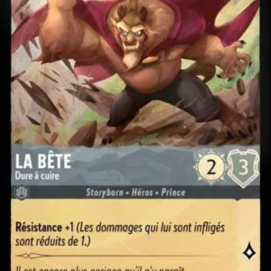 LA BÊTE Dure à cuire 176/204 - Carte du jeu de carte à collectionner Disney Lorcana issue du Chapitre 4 Le Retour D'Ursula (URR), paru le 31/05/2024. Carte Personnage, Acier. Commune, HOLO. Illustrateur: Simangalsio Sibaya. L'illustration représente une créature humanoïde et bestial, très musclée et recouverte de poils bruns. Elle porte une cape violette et un pantalon noir déchiré. Elle semble casser des choses en bois avec ses poings.