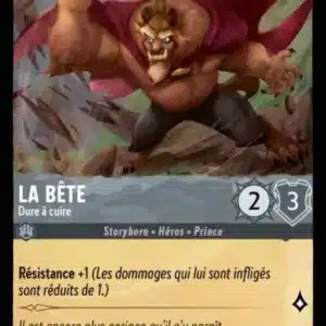 LA BÊTE Dure à cuire 176/204 - Carte du jeu de carte à collectionner Disney Lorcana issue du Chapitre 4 Le Retour D'Ursula (URR), paru le 31/05/2024. Carte Personnage, Acier. Commune. Illustrateur: Simangalsio Sibaya. L'illustration représente une créature humanoïde et bestial, très musclée et recouverte de poils bruns. Elle porte une cape violette et un pantalon noir déchiré. Elle semble casser des choses en bois avec ses poings.