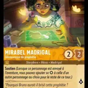 MIRABEL MADRIGAL Découvreuse de prophétie 19/204 - Carte du jeu de cartes à collectionner Disney Lorcana issue du Chapitre 4 Le Retour D'Ursula (URR), paru le 31/05/2024. Carte Personnage, Ambre. Commune. Illustrateur: Samanta Erdini. L'illustration représente une jeune fille hispanique avec des lunettes et les cheveux bouclés. Elle est assise à une table dans une bibliothèque et examine un document magique verts lumineux. Quatre papillons dorés flottent au-dessus de sa tête.