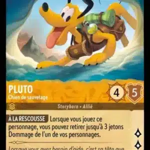 PLUTO Chien de sauvetage 20/204 - Carte du jeu de cartes à collectionner Disney Lorcana issue du Chapitre 4 Le Retour D'Ursula (URR), paru le 31/05/2024. Carte Personnage, Ambre. Commune. Illustrateur: Kenneth Anderson. L'illustration représente le personnage de dessin animé Pluto, chien marron équipé d'un harnais avec du matériel de sauvetage. Il se tient à l'entrée d'un tunnel creusé dans la neige.