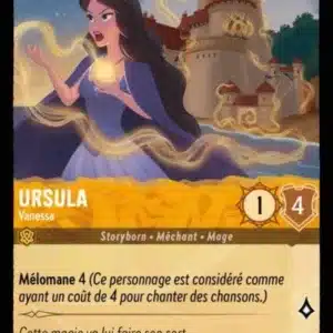 URSULA Vanessa 25/204 - Carte du jeu de cartes à collectionner Disney Lorcana issue du Chapitre 4 Le Retour D'Ursula (URR), paru le 31/05/2024. Carte Personnage, Ambre. Commune. Illustrateur: Angela Simpson. L'illustration représente une princesse de contes de fées aux longs cheveux bruns et habillée d'une robe violette. Elle est positionnée debout dos à un château et est en train de lancer un enchantement.