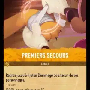 PREMIERS SECOURS 27/204 - Carte du jeu de cartes à collectionner Disney Lorcana issue du Chapitre 4 Le Retour D'Ursula (URR), paru le 31/05/2024. Carte Action, Ambre. Commune. Illustrateur: Gonzalo Kenny. L'illustration représente le personnage Mickey, souris humanoïde en train de bander la patte du chien Pluto.
