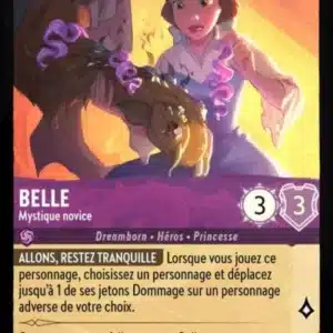 BELLE Mystique novice 37/204 - Carte du jeu de cartes à collectionner Disney Lorcana issue du Chapitre 4 Le Retour D'Ursula (URR), paru le 31/05/2024. Carte Personnage, Améthyste. Commune, HOLO. Illustrateur: Angelina Ricardo. L'illustration représente le personnage de Belle, jeune princesse de type caucasien au cheveux châtains.