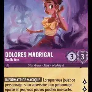DOLORES MADRIGAL Oreille fine 41/204 - Carte du jeu de cartes à collectionner Disney Lorcana issue du Chapitre 4 Le Retour D'Ursula (URR), paru le 31/05/2024. Carte Personnage, Améthyste. Commune. Illustrateur: Otto Paredes. L'illustration représente une jeune femme hispanique sur un fond de volutes violettes. Elle porte une jupe violette et un chemisier jaune à carreaux.