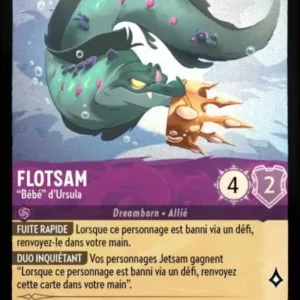 FLOTSAM "Bébé" d'Ursula 43/204 (FOIL) - Carte du jeu de cartes à collectionner Disney Lorcana issue du Chapitre 4 Le Retour D'Ursula (URR), paru le 31/05/2024. Carte Personnage, Améthyste. Peu commune, HOLO. Illustrateur: Brian Kesinger. L'illustration représente une grosse murène verte à poids roses tenant une couronne en or dans sa gueule.