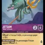 JETSAM "Bébé d'Ursula" 46/204 - Carte du jeu de cartes à collectionner Disney Lorcana issue du Chapitre 4 Le Retour D'Ursula (URR), paru le 31/05/2024. Carte Personnage, Améthyste. Commune. Illustrateur: Brian Kesinger. L'illustration représente une grosse anguille verte à crête noire qui tien un trident d'or dans sa queue.