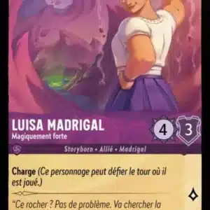 LUISA MADRIGAL Magiquement forte 47/204 - Carte du jeu de cartes à collectionner Disney Lorcana issue du Chapitre 4 Le Retour D'Ursula (URR), paru le 31/05/2024. Carte Personnage, Améthyste. Commune. Illustrateur: Juan Diego Leon. L'illustration représente le personnage d'une jeune femme hispanique en robe violette et bustier blanc. Elle est assez forte de corpulence mais il paraît que c'est à cause d'influences magiques.