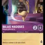 BALAIS MAGIQUES Balayeur plein de vie 49/204 - Carte du jeu de cartes à collectionner Disney Lorcana issue du Chapitre 4 Le Retour D'Ursula (URR), paru le 31/05/2024. Carte Personnage, Améthyste. Commune. Illustrateur: Rudy Hill. L'illustration représente un personnage de dessin animé en forme de balais humanoïde en train de danser dans une bibliothèque.