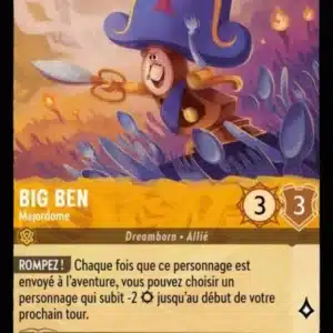BIG BEN Majordome 5/204 - Carte du jeu de cartes à collectionner Disney Lorcana issue du Chapitre 4 Le Retour D'Ursula (URR), paru le 31/05/2024. Carte Personnage, Ambre. Commune. Illustrateur: Heidi Neunhoffer. L'illustration représente un personnage de dessin animé en forme de pendule humanoïde coiffée d'un bicornes et armée d'une paire de ciseaux. Il dirige une armée de couverts de table.