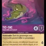 TIC-TAC Implacable poursuivant 56/204 - Carte du jeu de cartes à collectionner Disney Lorcana issue du Chapitre 4 Le Retour D'Ursula (URR), paru le 31/05/2024. Carte Personnage, Améthyste. Commune. Illustrateur: Kenneth Anderson. L'illustration représente un crocodile qui regarde un bateau qu'il est en train de longer dans une eau aux reflets violets.