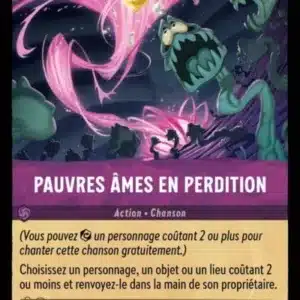 PAUVRES ÂMES EN PERDITION 60/204 - Carte du jeu de cartes à collectionner Disney Lorcana issue du Chapitre 4 Le Retour D'Ursula (URR), paru le 31/05/2024. Carte Action Chanson, Améthyste. Commune. Illustrateur: Denny Minonne. L'illustration représente des créatures semblables à des vers de terre verts avec une grosse tête, dans la nuit avec un geyser rose fluo en arrière-plan.