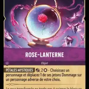 ROSE-LANTERNE 65/204 - Carte du jeu de cartes à collectionner Disney Lorcana issue du Chapitre 4 Le Retour D'Ursula (URR), paru le 31/05/2024. Carte Objet, Améthyste. Commune. Illustrateur: Gabriel Angelo. L'illustration représente une rose rouge dans une sphère magique sur un fond violet.