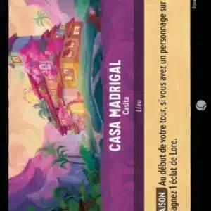 CASA MADRIGAL Casita 67/204 - Carte du jeu de cartes à collectionner Disney Lorcana issue du Chapitre 4 Le Retour D'Ursula (URR), paru le 31/05/2024. Carte Lieu, Améthyste. Commune, HOLO. Illustrateur: Rachel Elese. L'illustration représente une grande maison de famille magique perdue au milieu de la végétation et entourée de montagnes.