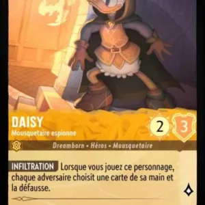 DAISY Mousquetaire espionne 7/204 (FOIL) - Carte du jeu de cartes à collectionner Disney Lorcana issue du Chapitre 4 Le Retour D'Ursula (URR), paru le 31/05/2024. Carte Personnage, Ambre. Commune, HOLO. Illustrateur: Kendall Hale. L'illustration représente le personnage féminin Daisy, canne humanoïde habillée avec une grande cape à capuche et adossée à un mur.