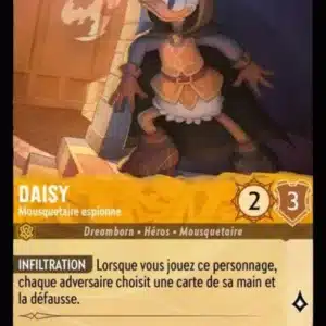 DAISY Mousquetaire espionne 7/204 - Carte du jeu de cartes à collectionner Disney Lorcana issue du Chapitre 4 Le Retour D'Ursula (URR), paru le 31/05/2024. Carte Personnage, Ambre. Commune. Illustrateur: Kendall Hale. L'illustration représente le personnage féminin Daisy, canne humanoïde habillée avec une grande cape à capuche et adossée à un mur.