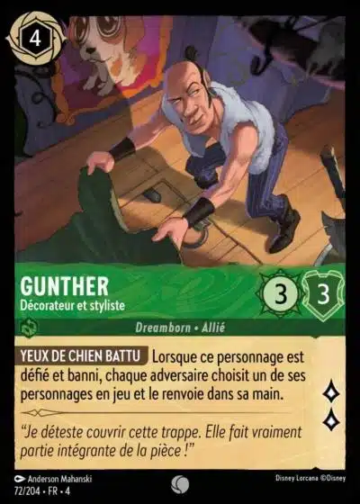 GUNTHER Décorateur et styliste 72 GUNTHER Décorateur et styliste 72/204 - Carte du jeu de cartes à collectionner Disney Lorcana issue du Chapitre 4 Le Retour D'Ursula (URR), paru le 31/05/2024. Carte Personnage, Emeraude. Commune. Illustrateur: Anderson Mahanski. L'illustration représente un homme vu d'au-dessus en train de tirer un tapis qui recouvre un trappe dans un plancher de bois.