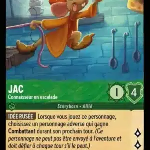 JAC Connaisseur en escalade 77/204 - Carte du jeu de cartes à collectionner Disney Lorcana issue du Chapitre 4 Le Retour D'Ursula (URR), paru le 31/05/2024. Carte Personnage, Emeraude. Commune. Illustrateur: Maddie Shilt. L'illustration représente un personnage de souris marron se tenant en équilibre sur le bord d'une table et tenue par un fil de laine violette. Elle tend le bras pour tenter de saisir des morceaux de fromage hors de sa portée.