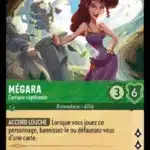 MEGARA Cynique captivante 79/204 - Carte du jeu de cartes à collectionner Disney Lorcana issue du Chapitre 4 Le Retour D'Ursula (URR), paru le 31/05/2024. Carte Personnage, Emeraude. Commune. Illustrateur: Yu Nguyen. L'illustration représente une femme brune de type caucasien au longs cheveux. Elle porte une robe violette et s'appuie de la main droite sur les restes d'une colonne grecque.