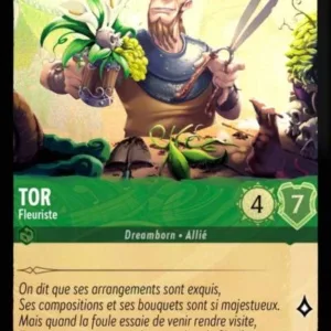 TOR Fleuriste 91/204 (FOIL) - Carte du jeu de cartes à collectionner Disney Lorcana issue du Chapitre 4 Le Retour D'Ursula (URR), paru le 31/05/2024. Carte Personnage, Emeraude. Commune, HOLO. Illustrateur: Anderson Mahanski. L'illustration représente le personnage divin nordique Tor casqué et barbu, habillé en jardinier avec un pot de fleurs et de grandes cisailles/