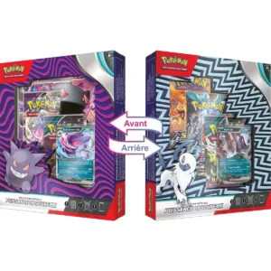 Coffret Pokémon Puissance Obscure ex. Cette boîte contient différents items pokemon. Des cartes brillantes des créatures pokémon très appréciés par les fans de la série comme Ectoplasma et Absol dans leur forme ex Il y a également des boosters du tcg pokémon du bloc écatale et violet et du bloc épée et bouclier. Sur le coffret est écrit :" Pokémon cartes à jouer et à collectionner" et "collection spéciale puissance obscure ex". Le coffret est double face. Nous pouvons voir les deux sur l'image.