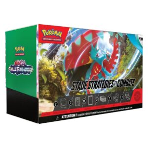 Coffret Stade Stratégies et combats Pokémon EV04 Faille Paradoxe. Cette boîte contient différents items pokemon dès, jetons états, boosters, decks. Des cartes promo des créatures pokémon très appréciées par les fans de la série comme Rugi-Lune dans sa forme ex. Il y a également des boosters du tcg pokémon du bloc écatale et violet ev4 faille paradoxe. Sur le coffret est écrit :" Pokémon cartes à jouer et à collectionner" "écarlate et violet faille paradoxe" et "stade stratégies et combats". Le coffret est bleu, rouge et vert.