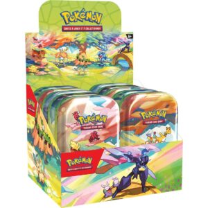 Display Mini-Tins Pokémon EV03 et EV04 Magnifique Paldéa Q4. Coffret en carton contenant des boîtes en fer des séries Pokémon ev03 Flemmes Obsidiennes et ev04 Faille Paradoxe du TCG Pokémon. Le coffret représente les personnages Pokémon courant sur une pelouse avec des fleurs jaunes et roses. On distingue Phylali et Malvalame. Il y a écrit "Pokémon cartes à jouer et à collectionner".