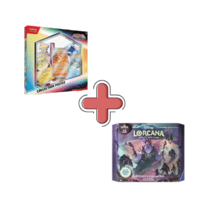 Bundle Coffret Poster EV8.5 + Coffret Cadeau Lorcana Chap 4. Photos de deux coffrets, un Lorcana chapitre 4 et et un Pokémon EV08.5 coffret poster avec 3 boosters évolutions prismatiques. Ils sont violets, bleus, orange et rouge.