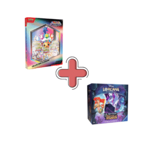 Coffret Portfolio EV8.5 + Coffret Trove Pack Lorcana Chapitre 4. Photos de deux coffrets, un Lorcana chapitre 4 et et un Pokémon EV08.5 coffret classeur avec 5 boosters évolutions prismatiques. Ils sont violets, bleus, orange et rouge.